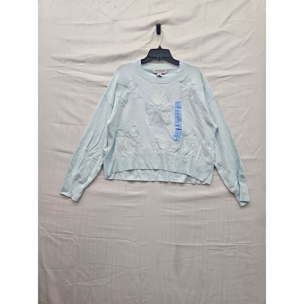 Bridgerton Womens Lace‎ Bow Applique Pullover Sweater Blue Viscose Casual Size L